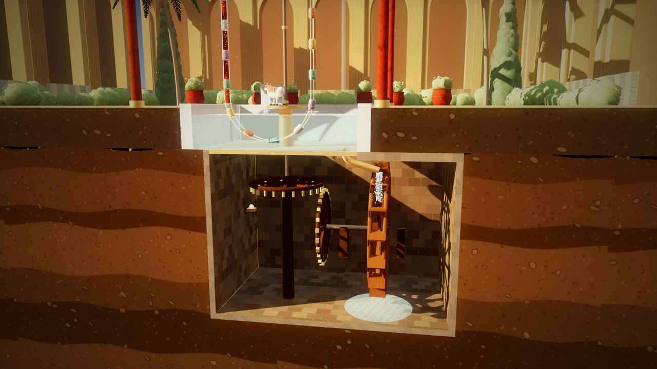 Cutaway of al-Jazari's saqiya showing the hidden water-wheel chamber beneath the pool