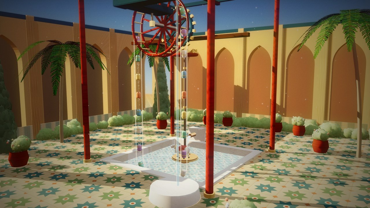 3D reconstruction of al-Jazari's garden saqiya with a wooden cow, a wheel of painted jars and a pool