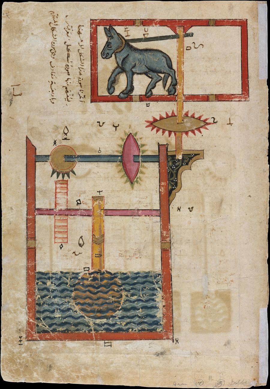 Al-Jazari manuscript drawing of the single-ladle water-raising machine powered by a donkey